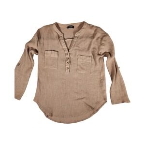 The Workshop Womens Taupe Gauze Roll Tab‎ Sleeve Henley Blouse Top Large